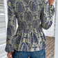 Peplum Printed Round Neck Long Sleeve Blouse