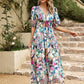 Smocked Printed V-Neck Half Sleeve Midi Dress