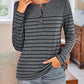 Quarter Button Striped Round Neck Long Sleeve T-Shirt