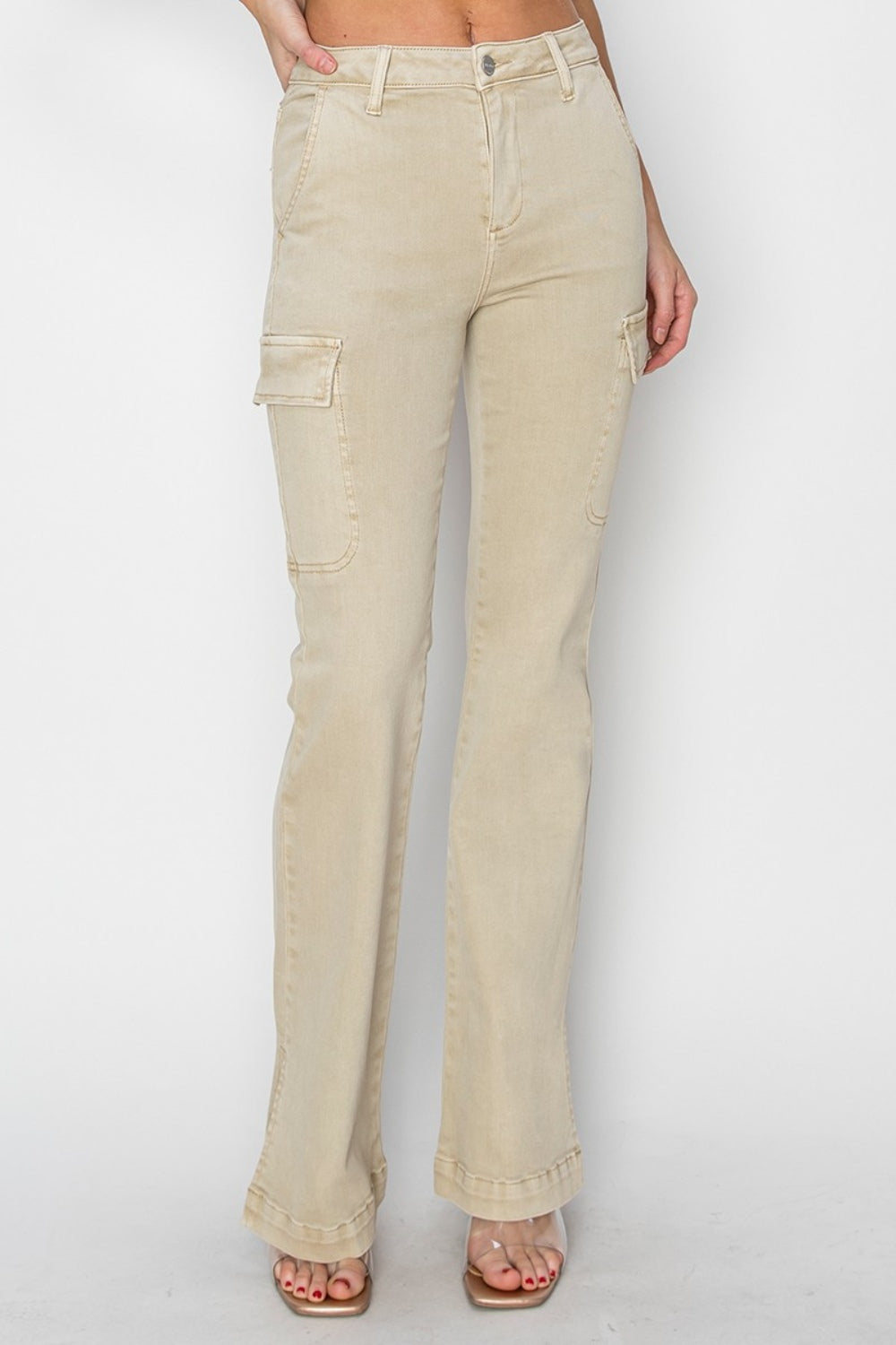 RISEN Full Size High Rise Side Slit Cargo Bootcut Jeans *