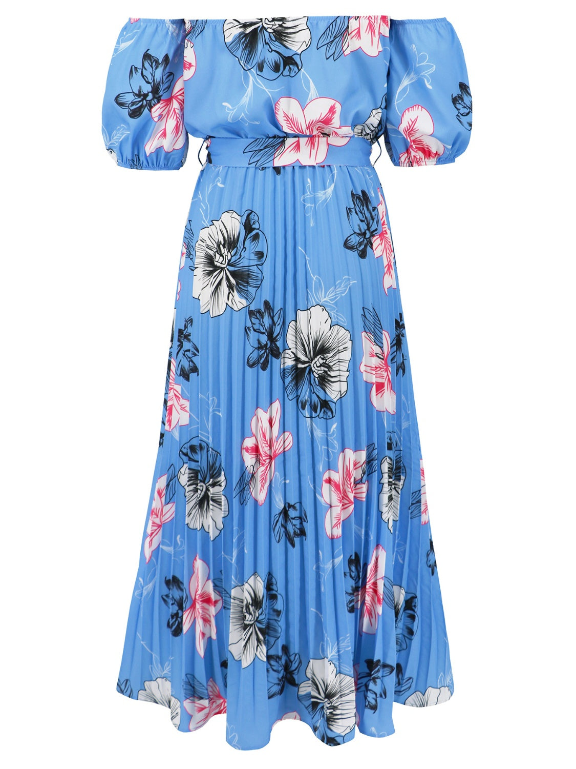 Full Size Pleated Floral Off-Shoulder Short Sleeve Midi Dress