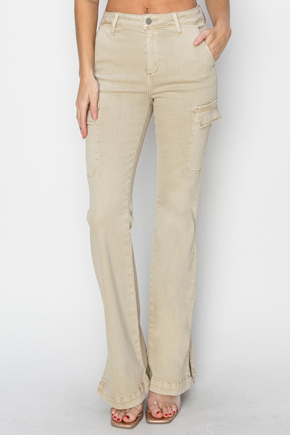 RISEN Full Size High Rise Side Slit Cargo Bootcut Jeans *