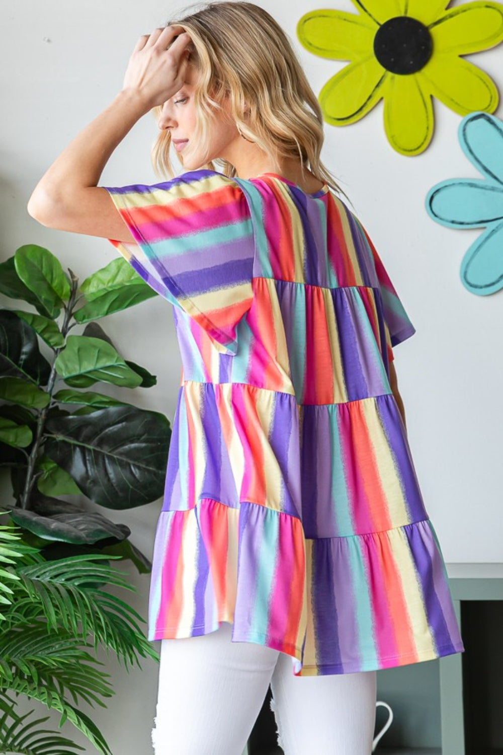 Heimish Full Size Short Sleeve Striped Tiered Top *