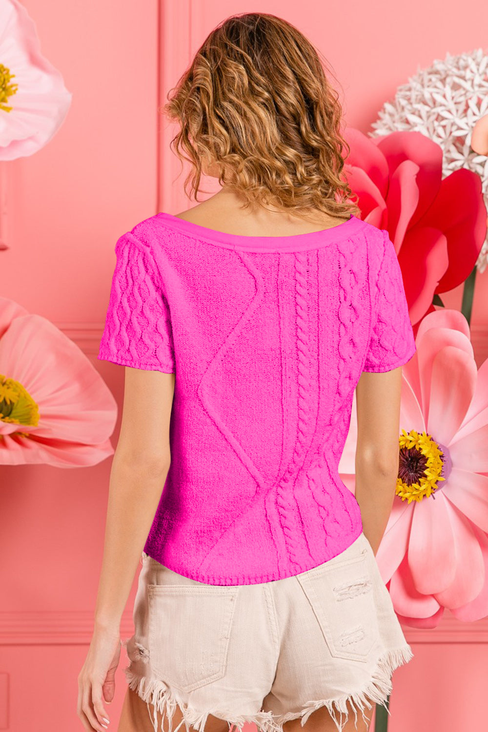 BiBi Cable Knit Short Sleeve Sweater *