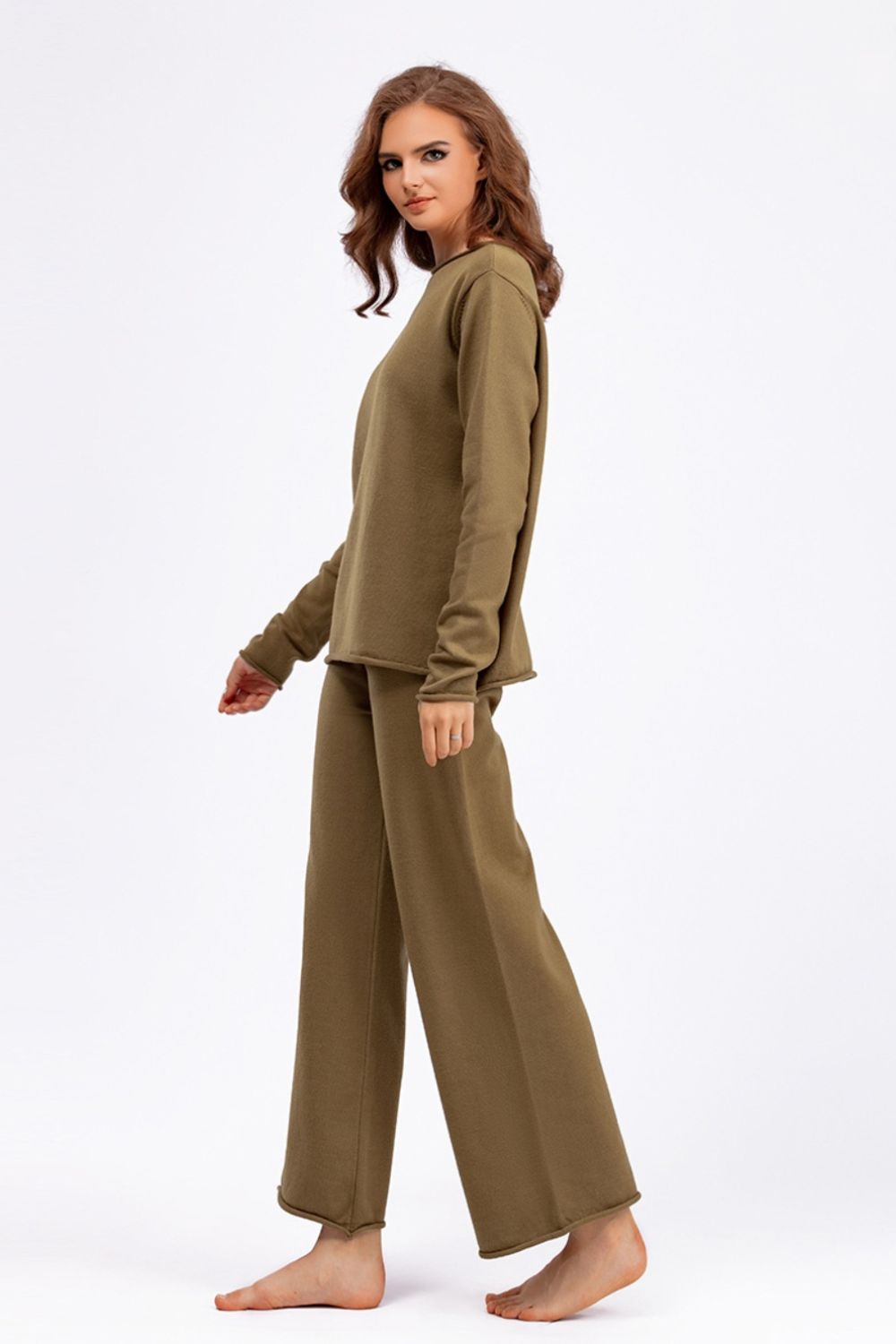 Basic Bae Rolled Round Neck Top and Pants Sweater Set