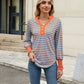 Contrast Striped Notched Long Sleeve Top