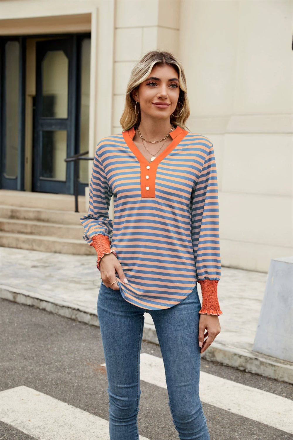 Contrast Striped Notched Long Sleeve Top