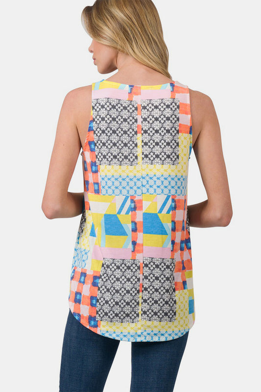 Zenana Printed Round Neck Orange Curved Hem Tank