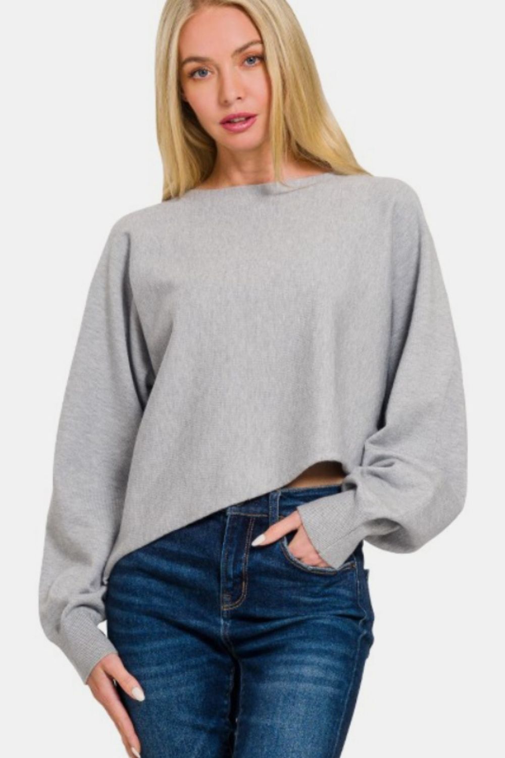Zenana Asymmetric Hem Long Sleeve Sweater *