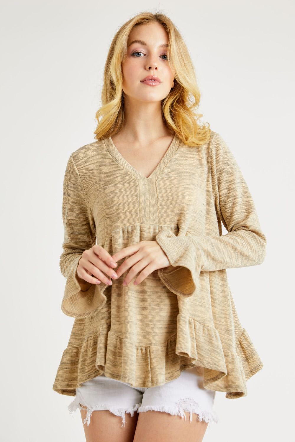 Hailey & Co V-Neck Flounce Sleeve Knit Top *