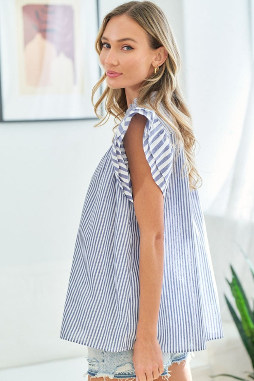 First Love Full Size Striped Flutter Sleeve Blouse *