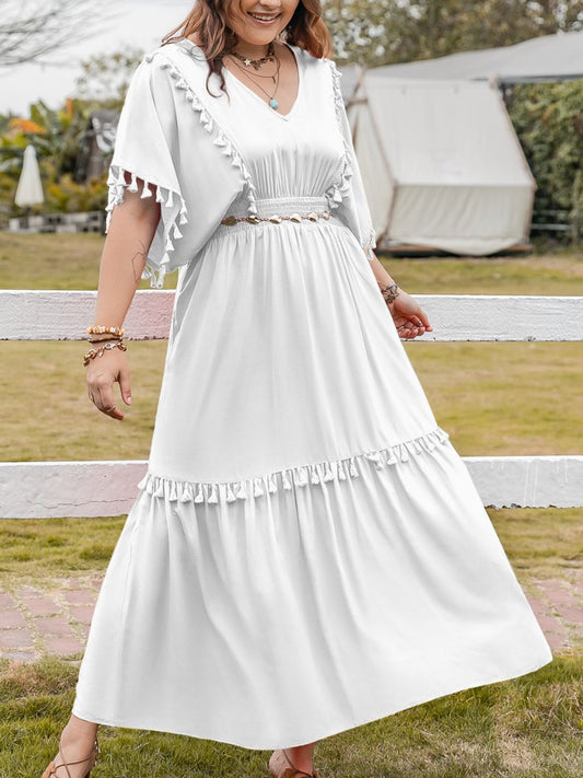 Plus Size Tassel Smocked V-Neck Half Sleeve White Dress