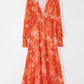 Smocked Printed V-Neck Long Sleeve Dress