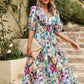 Smocked Printed V-Neck Half Sleeve Midi Dress