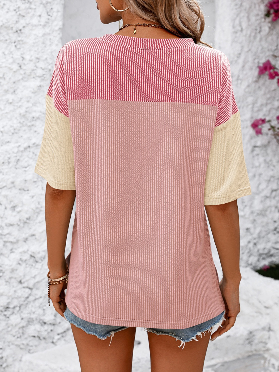 Full Size Color Block Round Neck Half Sleeve T-Shirt