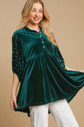 Umgee Pearl Detail Half Sleeve Velvet Babydoll Blouse *