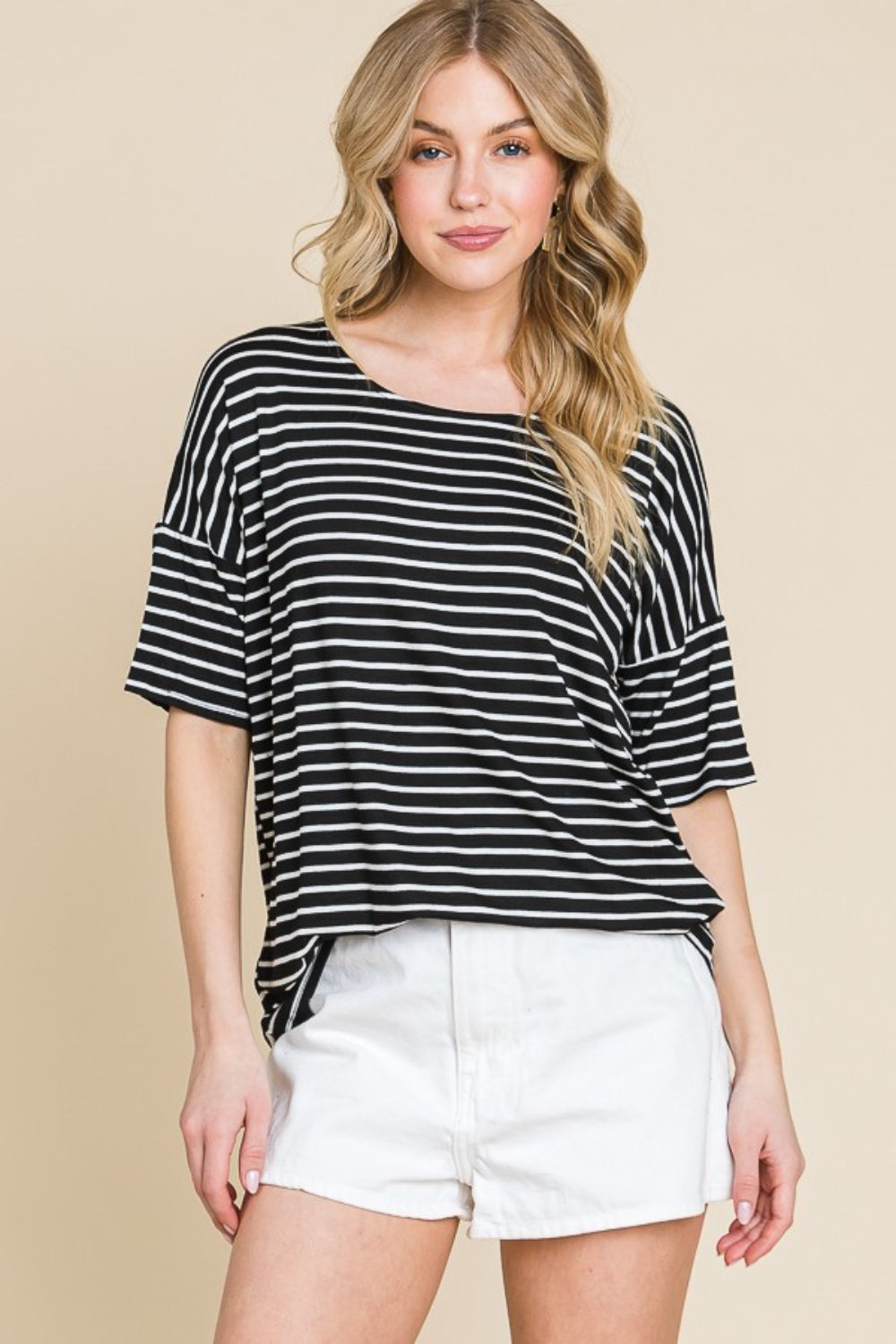 BOMBOM Striped Round Neck T-Shirt *
