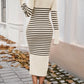 Striped V-Neck Long Sleeve Sweater Dress