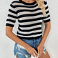 Openwork Striped Round Neck Short Sleeve Knit Top