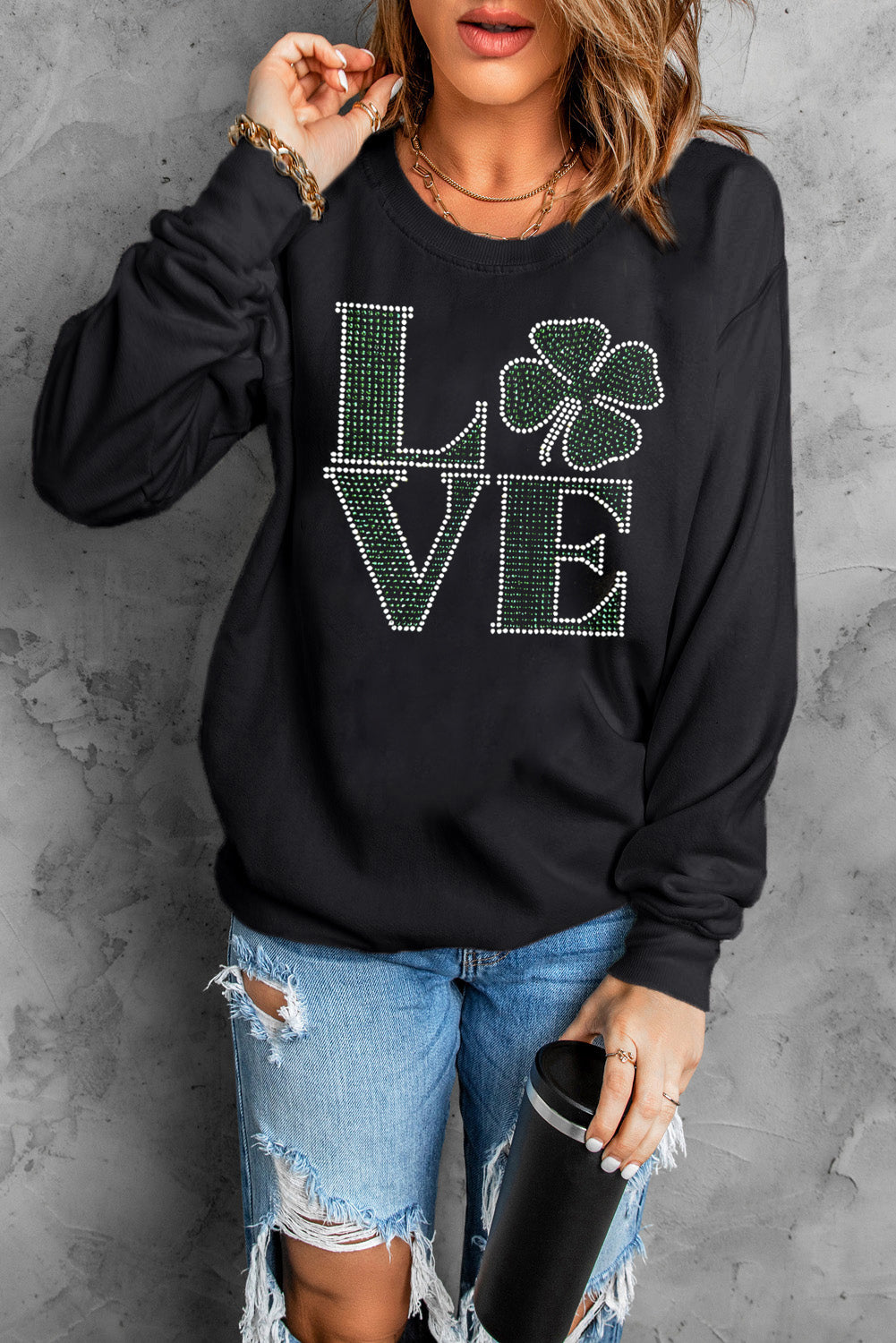 LOVE Rhinestone Clover Black Round Neck Sweatshirt