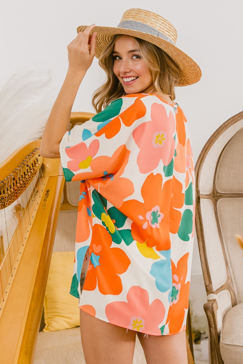 BiBi Floral V Neck Slit Side T-Shirt - Brand BiBi *