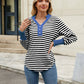 Contrast Striped Notched Long Sleeve Top