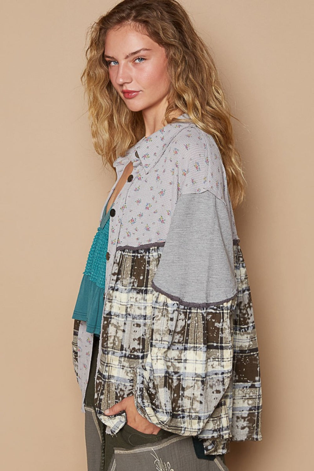 POL Balloon Sleeve Floral Color Block Plaid Shirt *