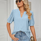 Eyelet Short Puff Sleeve Notched Neck Top