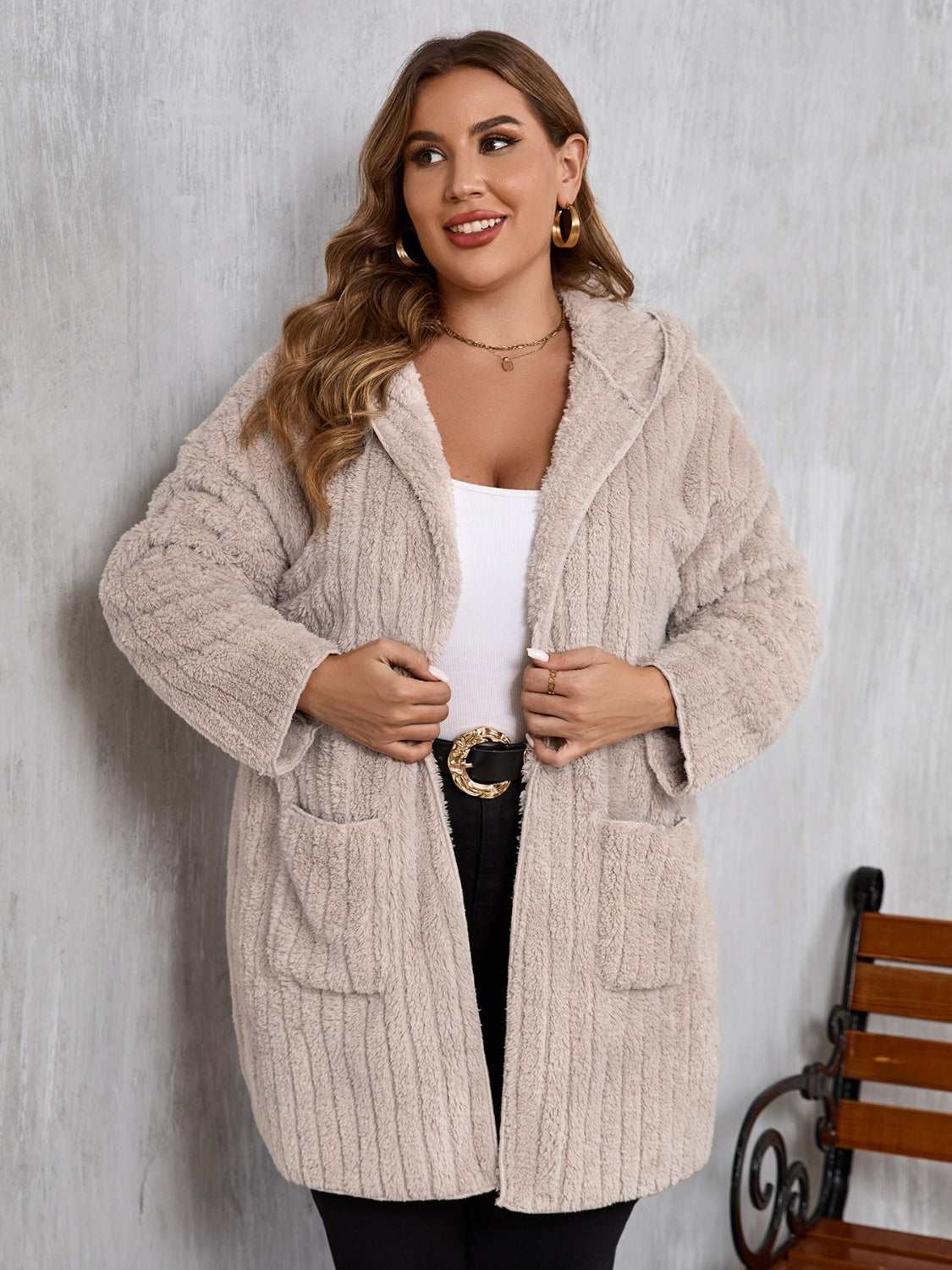 Plus Size Open Front Long Sleeve Hooded Fuzzy Jacket