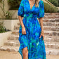 Smocked Printed V-Neck Half Sleeve Midi Dress