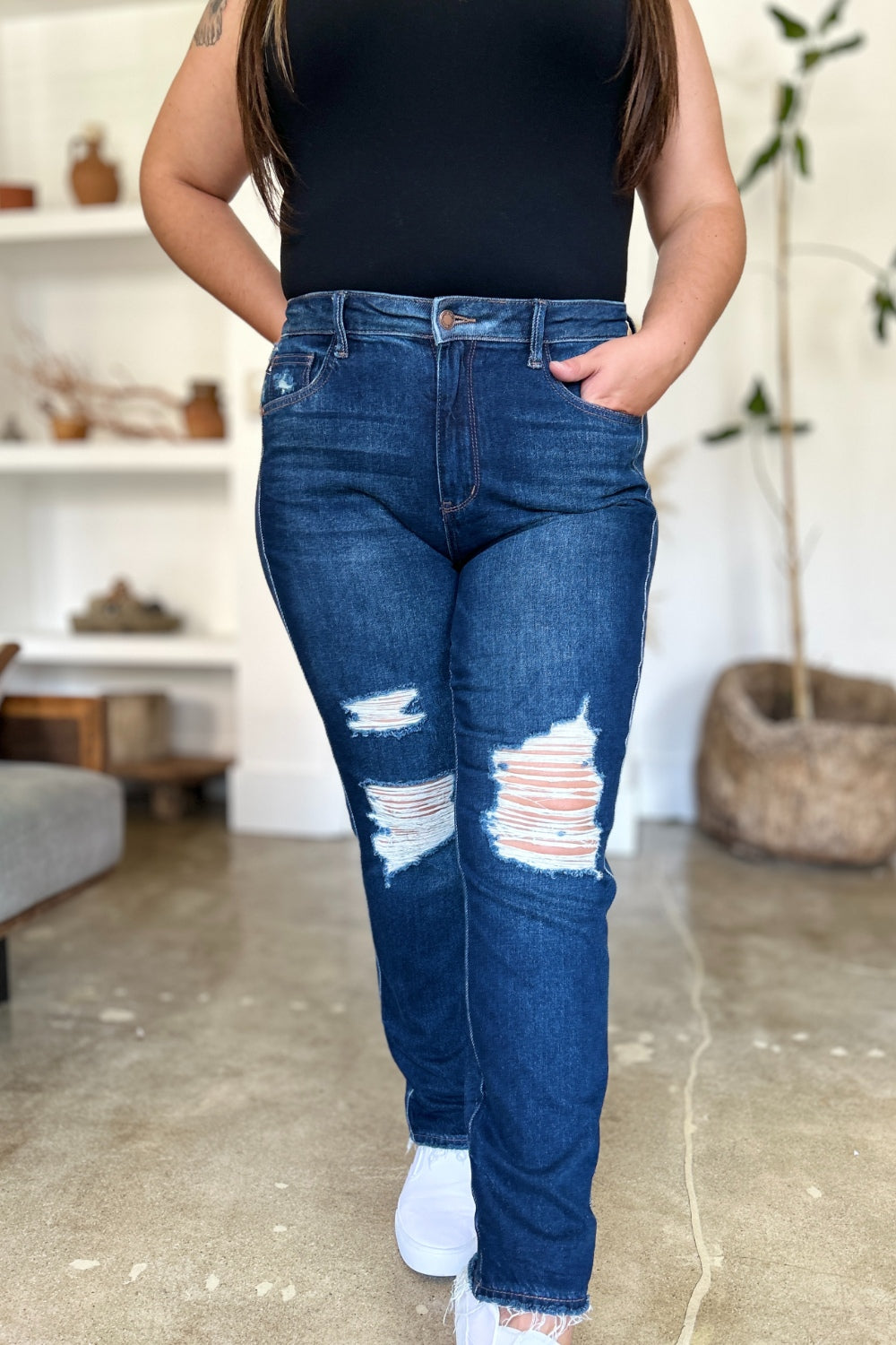 Judy Blue Full Size High Waist Rigid Magic Heavy Destroy Straight Jeans *