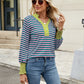 Contrast Striped Notched Long Sleeve Top