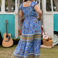 Plus Size Smocked Printed Blue Cap Sleeve Dress