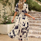 Smocked Printed V-Neck Half Sleeve Midi Dress