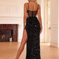 Lace-Up Sequin Slit Sweetheart Neck Maxi Cami Dress