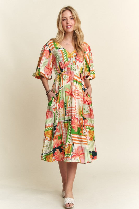 ADORA Floral V-Neck Puff Sleeve Midi Dress