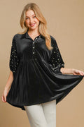 Umgee Pearl Detail Half Sleeve Velvet Babydoll Blouse *