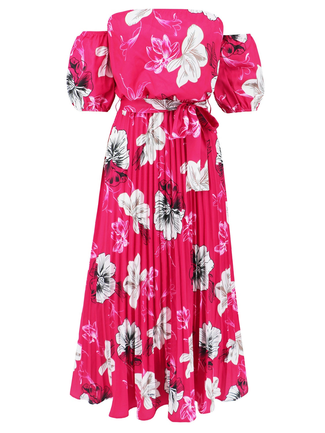 Full Size Pleated Floral Off-Shoulder Short Sleeve Midi Dress