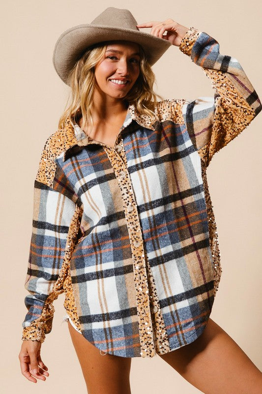 BiBi Curved Hem Sequin Plaid Button Up Shacket