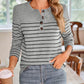Quarter Button Striped Round Neck Long Sleeve T-Shirt