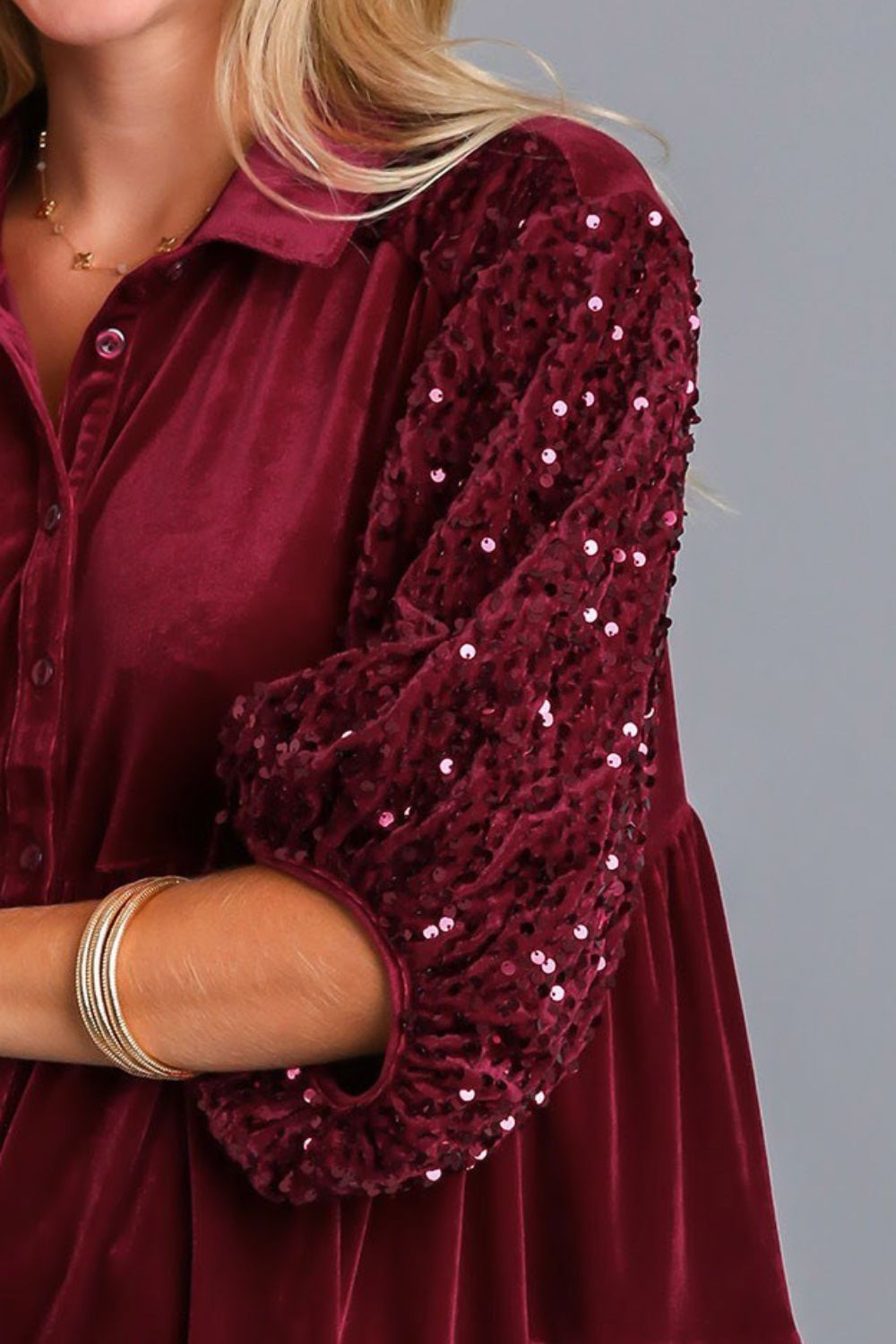 Umgee Sequin Detail Tiered Back Half Sleeve Shirt *