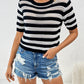 Openwork Striped Round Neck Short Sleeve Knit Top