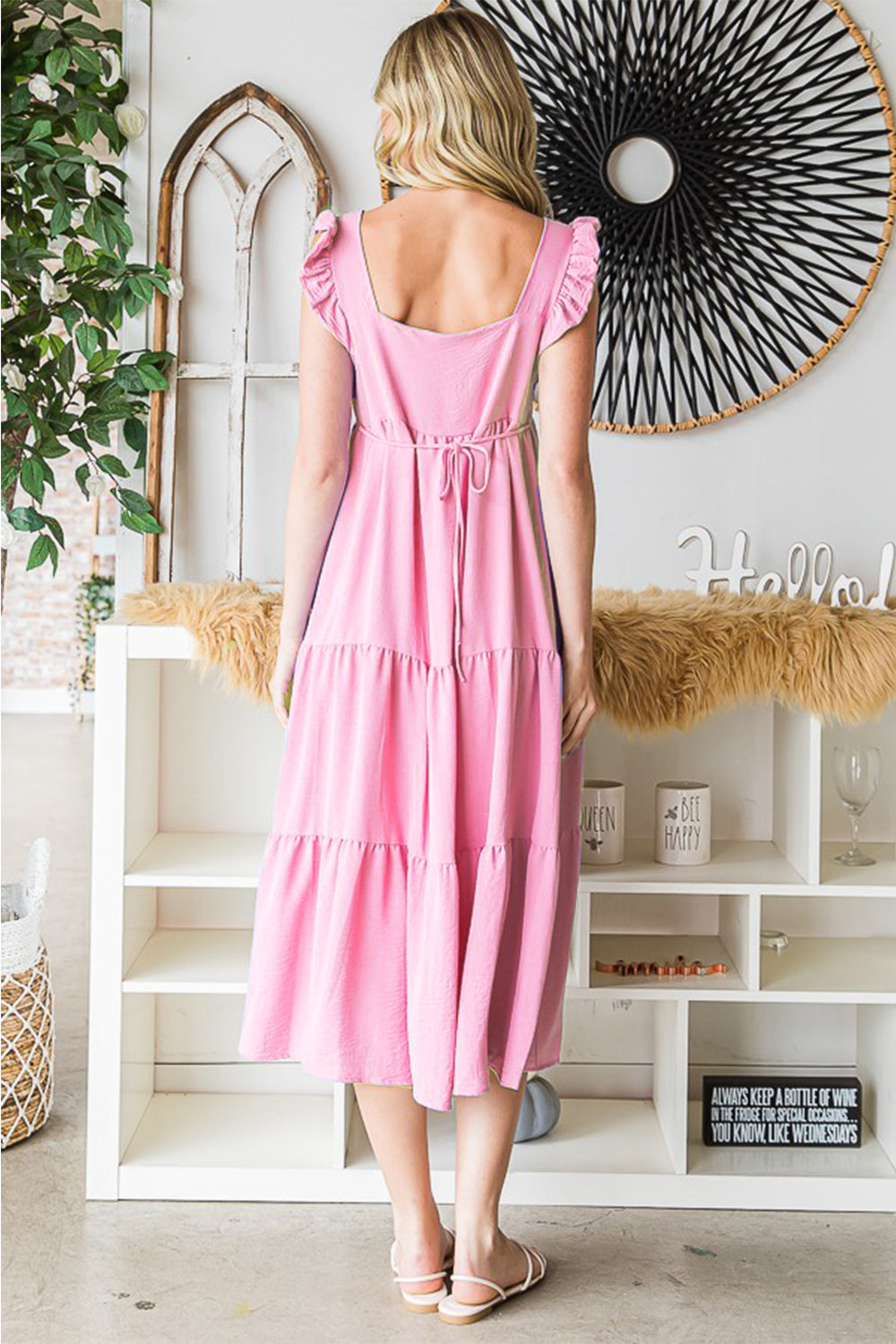 Reborn J Ruffled Bubble Pink Sleeveless Tiered Midi Dress