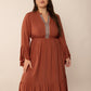 Plus Size Ruffled Notched Long Sleeve Midi Dress