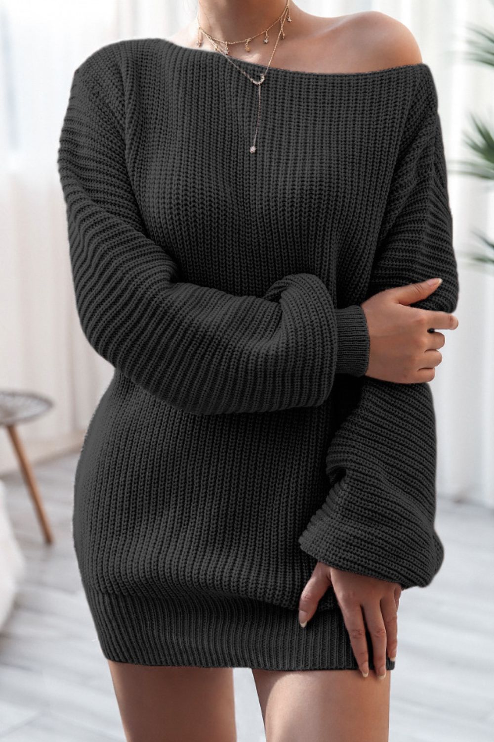 Boat Neck Long Sleeve Mini Sweater Dress