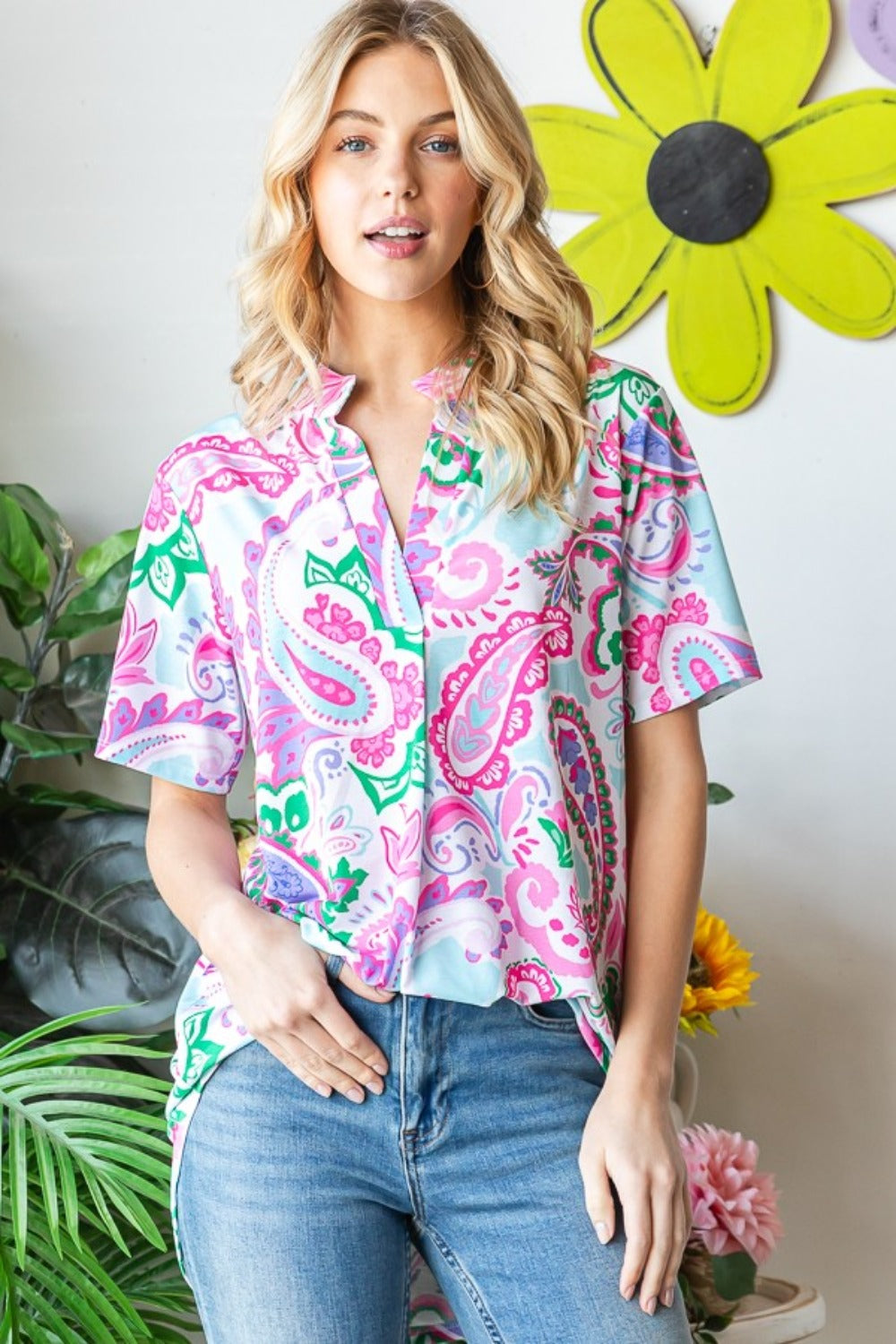 Heimish Full Size Paisley Print Short Sleeve Top *