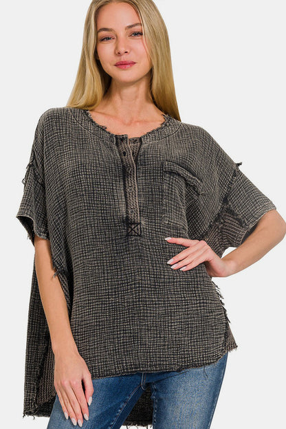 Zenana Washed Texture Half Button T-Shirt- Brand Zenana