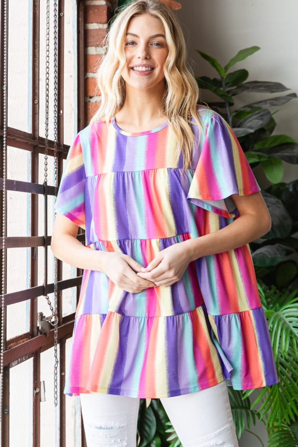 Heimish Full Size Short Sleeve Striped Tiered Top *