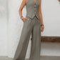 V-Neck Button Down Vest and Wide Leg Pants Set