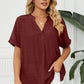 Full Size Side Slit Notched Neck Cuffed Short Sleeve Blouse